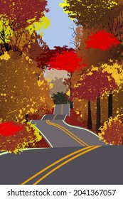 Camino pavimentado con rayas amarillas. Doble raya sólida. Señales de carreteras. Un bosque con árboles altos, hojas rojas y amarillas. Una carretera a través del bosque. Día soleado de otoño.