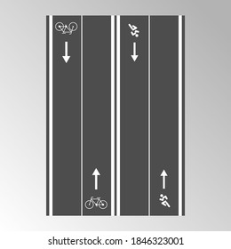 Paved track for running and Cycling with direction signs, flat style.