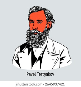 Pavel Mikhailovich Tretyakov foi um empresário russo e figura pública, patrono das artes, colecionador de belas artes russo e fundador da Galeria Tretyakov. Ilustração de vetor desenhada à mão