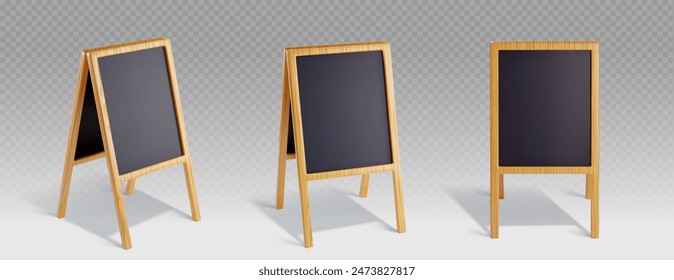 Pavement 3d signboard for menu or advertising. Different angles of view on blank black chalkboard with wooden frame for cafe and restaurant information message. Realistic vector set of sandwich banner