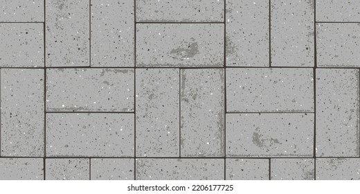 Pavement With Interlocking Textured Bricks Seamless Pattern. Vector Pathway Texture Top View. Outdoor Concrete Slab Sidewalk. Cobblestone Footpath Or Patio. Concrete Block Floor