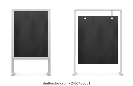 Pavement menu or announcement black chalk signboard mockup. Realistic 3d vector illustration set of chalkboard for sidewalk stand. Outdoor banner frame template for cafe and restaurant signage.