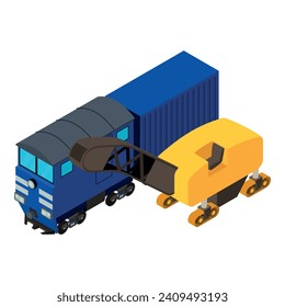Pavement repair icon isometric vector. Asphalt milling near railway locomotive. Pavement milling, cold planing