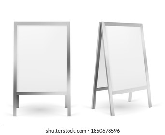 Pavement sign, blank sidewalk advertising stand isolated on white background. Vector realistic mockup of white sandwich board with metal frame, outdoor banner for menu, ad or announcement svg