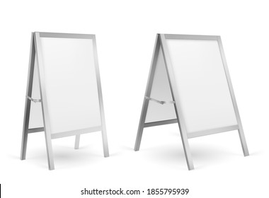 Pavement sign, blank sidewalk advertising stand isolated on white background. Vector realistic mockup of white sandwich board in metal frame, handheld banner for menu, ad or announcement svg