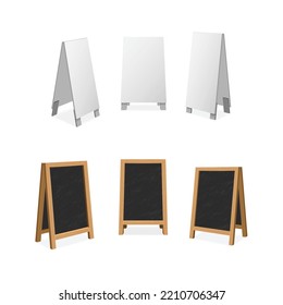 Pavement Sign, Street Chalkboard And White Board Cafe Menu, Advertisement Outdoor Stand. Information And Promotion Outside Billboard. Isolated Easel, Promo Banner. Realistic 3d Vector Illustration