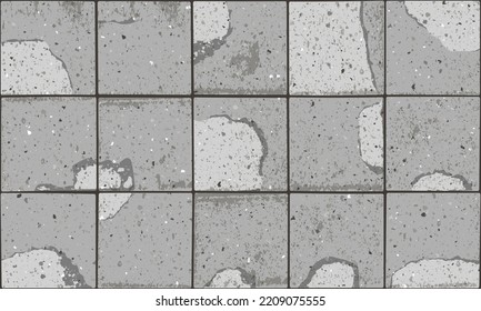 Pavement with square textured cracked old bricks seamless pattern. Vector pathway texture top view. Outdoor concrete slab sidewalk. Cobblestone footpath or patio. Concrete block floor
