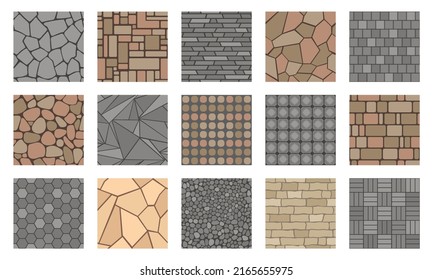 Pavement stones. Street cobblestone tile path, sidewalk and garden patio floor texture, outdoor concrete alley. Vector park road paving plan. Bricked and pebbled surface for wall or ground