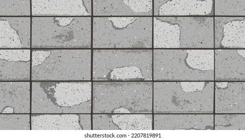 Pavement with textured cracked old bricks seamless pattern. Vector pathway texture top view. Outdoor concrete slab sidewalk. Cobblestone footpath or patio. Concrete block floor