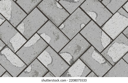 Pavement with textured cracked old herringbone seamless pattern. Vector pathway texture top view. Outdoor concrete slab sidewalk. Cobblestone footpath or patio. Concrete block floor