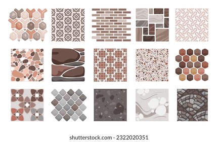 Pavement textures and floor tiles set vector illustration. Cartoon isolated blocks and stones of paved street and sidewalk, natural bricks of stonewall or footpath in yard, top view pattern collection