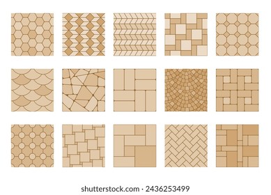 Pavement top view pattern, street cobblestone, garden sidewalk tile. Patio cement cobblestone textures, garden or park pathway concrete tile vector background or walkway brick pavement patterns set