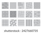 Pavement top view patterns, street grey cobblestone or garden sidewalk tiles, seamless vector. Gray stone and bricks pavement pattern of ground floor, mosaic backgrounds with geometric cubic texture