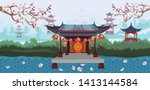 The pavilion Chinese  waterfront with  blossoms plum on natural scenery  on beautiful mountain and sky- vector