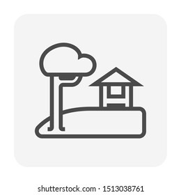 Pavilion in garden icon. That is a building for landscaping decoration. Include lawn or grass, tree, outdoor, patio, yard use to take a break, sleep, party, relax, picnic, eating a meal with family.
