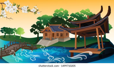The pavilion and house on the lake around with green forest