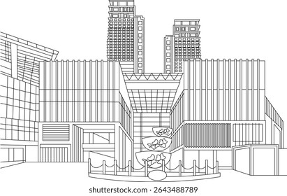 Pavilhão Kuala Lumpur Line Art Drawing, desenho minimalista em preto e branco do exterior do Pavilhão Kuala Lumpur, um shopping e marco proeminente na capital da Malásia,