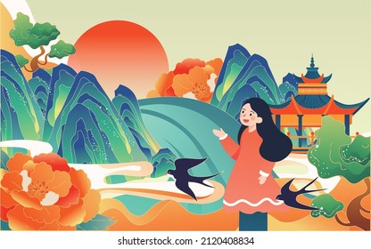 A pavilion in the middle of a mountain with swallows flying and flowers and clouds in the foreground, vector illustration