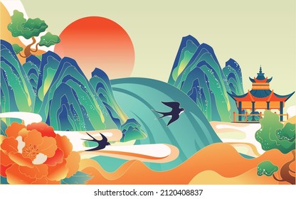 A pavilion in the middle of a mountain with swallows flying and flowers and clouds in the foreground, vector illustration