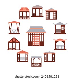 Pavilion structure, city park or gardens area element isolated on white background. Gazebos pergolas in various styles. Architecture wooden bower flat icons set. Vector set of garden design icons.