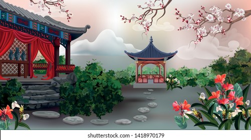 The pavilion with tree ,plum blossom flowers in the garden - vector