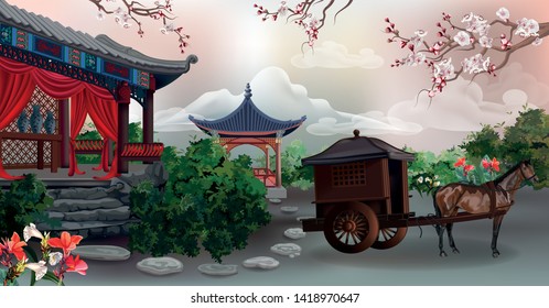 The pavilion with tree ,plum blossom flowers and carriage in the garden - vector