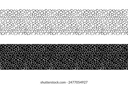 Paving geometric seamless patterns vector. Irregular shapes repeated banner for web tiles, science and interior designs. Black and white pebble template background. Street cobblestone endless texture