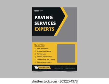 
Paving service construction work flyer design template. Roadwork renovation poster leaflet design. Transportation and road maintenance service flyer template