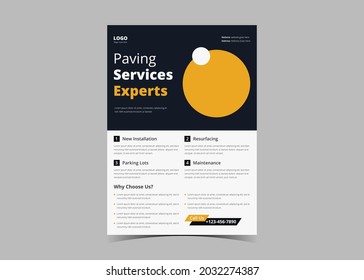 
Paving service construction work flyer design template. Roadwork renovation poster leaflet design. Transportation and road maintenance service flyer template
