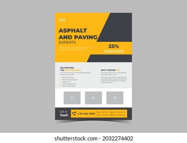 
Paving service construction work flyer design template. Roadwork renovation poster leaflet design. Transportation and road maintenance service flyer template