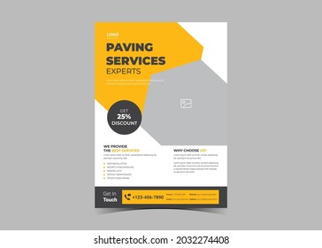 
Paving service construction work flyer design template. Roadwork renovation poster leaflet design. Transportation and road maintenance service flyer template