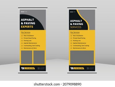 
Paving service construction work Roll up Banner Design, Roadwork renovation poster leaflet Roll up leaflet template. Transportation and road maintenance service poster DL Flyer