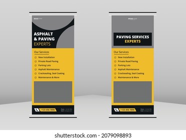 
Paving service construction work Roll up Banner Design, Roadwork renovation poster leaflet Roll up leaflet template. Transportation and road maintenance service poster DL Flyer