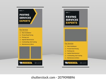 
Paving service construction work Roll up Banner Design, Roadwork renovation poster leaflet Roll up leaflet template. Transportation and road maintenance service poster DL Flyer