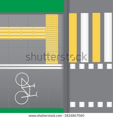 Paving slabs, bicycle paths and crossings as a concept of an inclusive, adaptation of the disabled, the blind to traffic, markings for the visually impaired. Flat vector stock illustration, top view