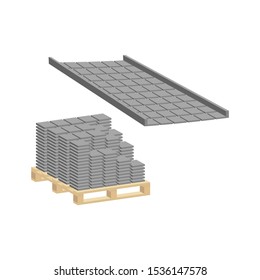 Paving slabs on a pallet with a pedestrian walkway made of paving slabs and borders.