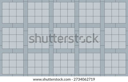 Paving stone. Grid tile and stripes pedestrian path. Natural stone seamless pattern. Light grey bricks desing. Vector.