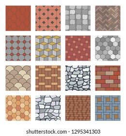 Paving stone pattern. Brick paver walkway, rock stones slab and street pavement floor block. Architectural elements, garden stones floor road. Seamless isolated vector patterns set