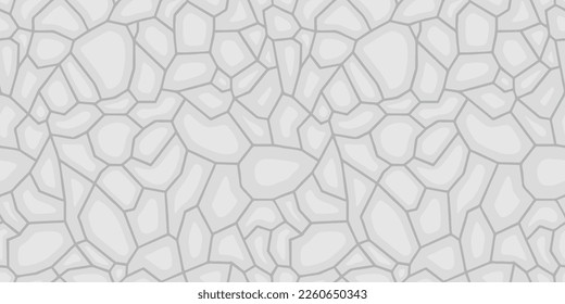 Paving stone in top view. White masonry coating cartoon style seamless pattern. White cobble stone chips texture. Wall or track tiles, walkway natural broken slate stone. Vector 