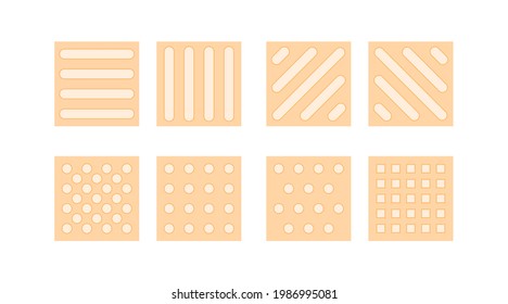 Paving tactile tile floor template, tips for visually impaired people. Squares with relief figures. Eps 10 vector illustration.