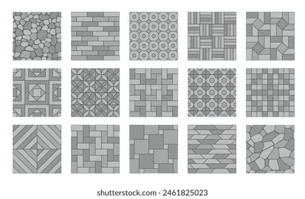 Baldosas de pavimento, adoquines, ladrillo y suelo de piedra. Patrón de pavimento vista superior, calle gris jardín acera mosaico de ladrillos de piedra. Vector piso de hormigón, pasarela, callejón, patio exterior repetir conjunto de superficies