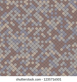 Paving tiles texture. Seamless vector pattern. Calm soft tones. Small square tiles with a diagonal installation. Gray-beige-brown pattern. Natural stone ornament. Smooth rounded rhombuses.