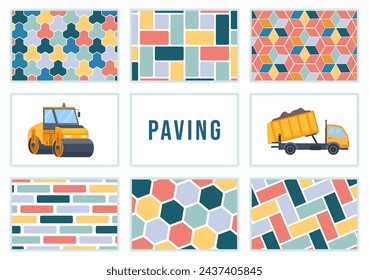 Illustration Vectorielle avec Collection de Pavés de Rue, de briques, d'éléments architecturaux et de dalles de pierre pour la fabrication de sols sur Fond Plat