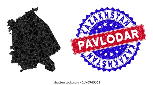 Pavlodar Region map polygonal mesh with filled triangles, and unclean bicolor stamp seal. Triangle mosaic Pavlodar Region map with mesh vector model, triangles have various sizes, and positions,