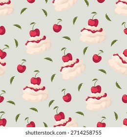 Sobremesa de Pavlova com padrão de cerejas sem costura. Clipart de vetor plano, ilustração com plano de fundo isolado.