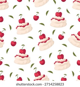 Sobremesa de Pavlova com padrão de cerejas sem costura. Clipart de vetor plano, ilustração com plano de fundo isolado.