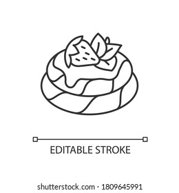 Pavlova linear icon. Meringue based dessert with strawberries. National Australian cuisine. Thin line customizable illustration. Contour symbol. Vector isolated outline drawing. Editable stroke