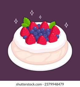 Pavlova, meringue dessert with whipped cream, fresh strawberries and blackberries. Traditional Australian pastry. Cartoon vector clip art illustration.