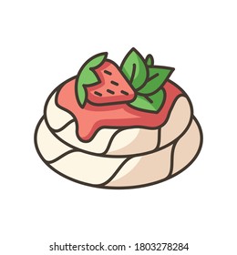 Pavlova RGB color icon. Meringue based dessert with strawberries and whipped cream. Traditional sweets. National Australian cuisine. New Zealand cuisine. Isolated vector illustration