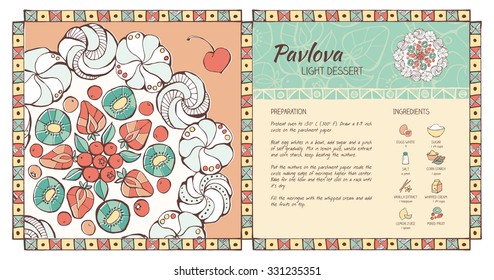 Pavlova traditional recipe with fruit decoration and ingredients hand drawn, pastry cookbook layout template